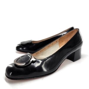 Salvatore Black Italian Leather Gunmetal Gancini Slip-On Low Block Heel Pumps